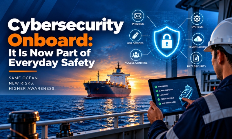 Maritime cybersecurity onboard with a seafarer and digital security systems.